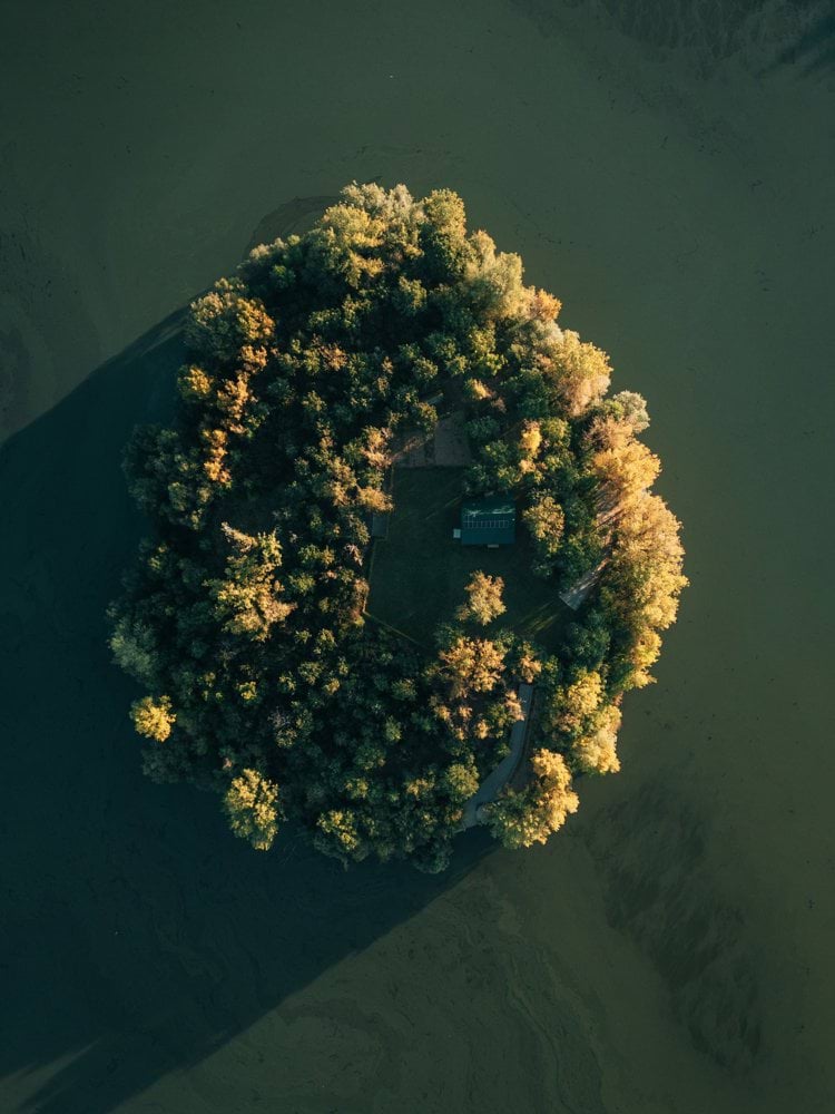 Aerial view of a small, tree-covered island with a cabin.