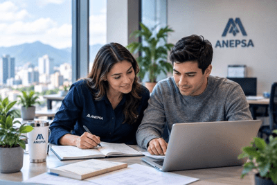 Colaboradores de ANEPSA trabajando juntos en oficina