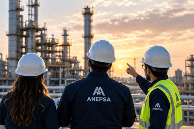 Equipo de ANEPSA en sitio industrial al atardecer