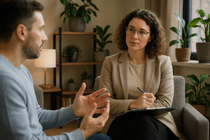 Therapist listening to patient during therapy session