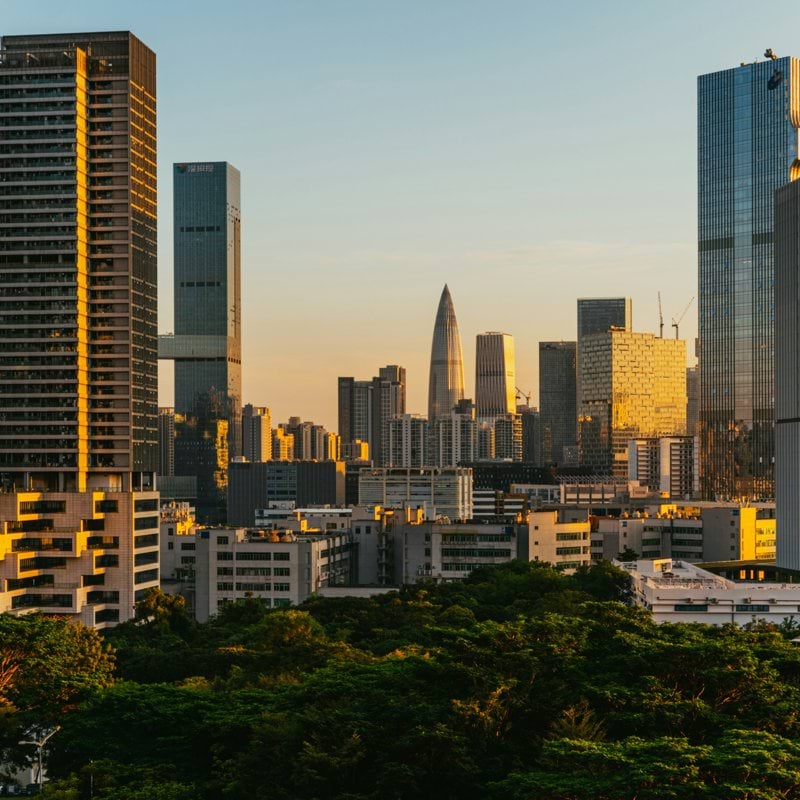 A view of a city with tall buildings