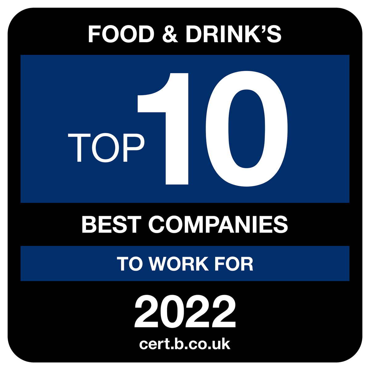 A sign that says top 10 best companies to work in Food and Drink for 2022.