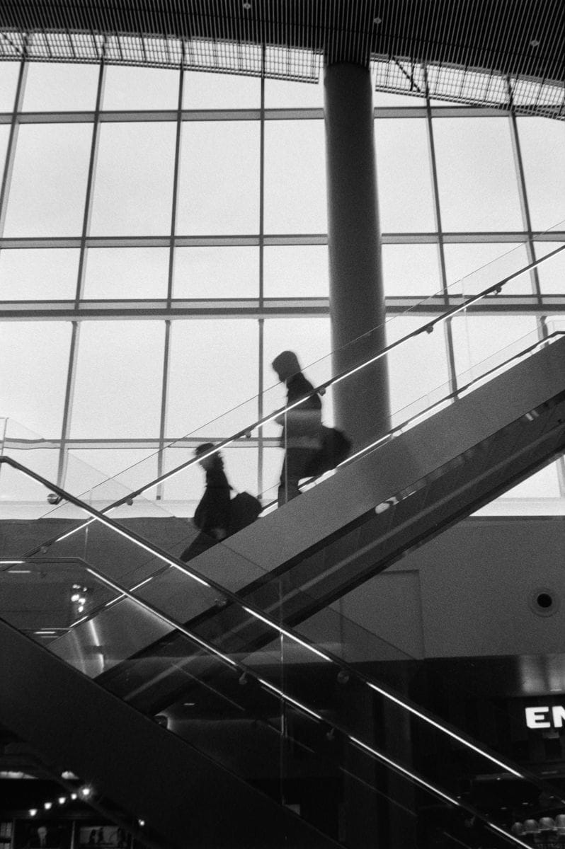 Silhouettes of people on an escalator in a modern building.