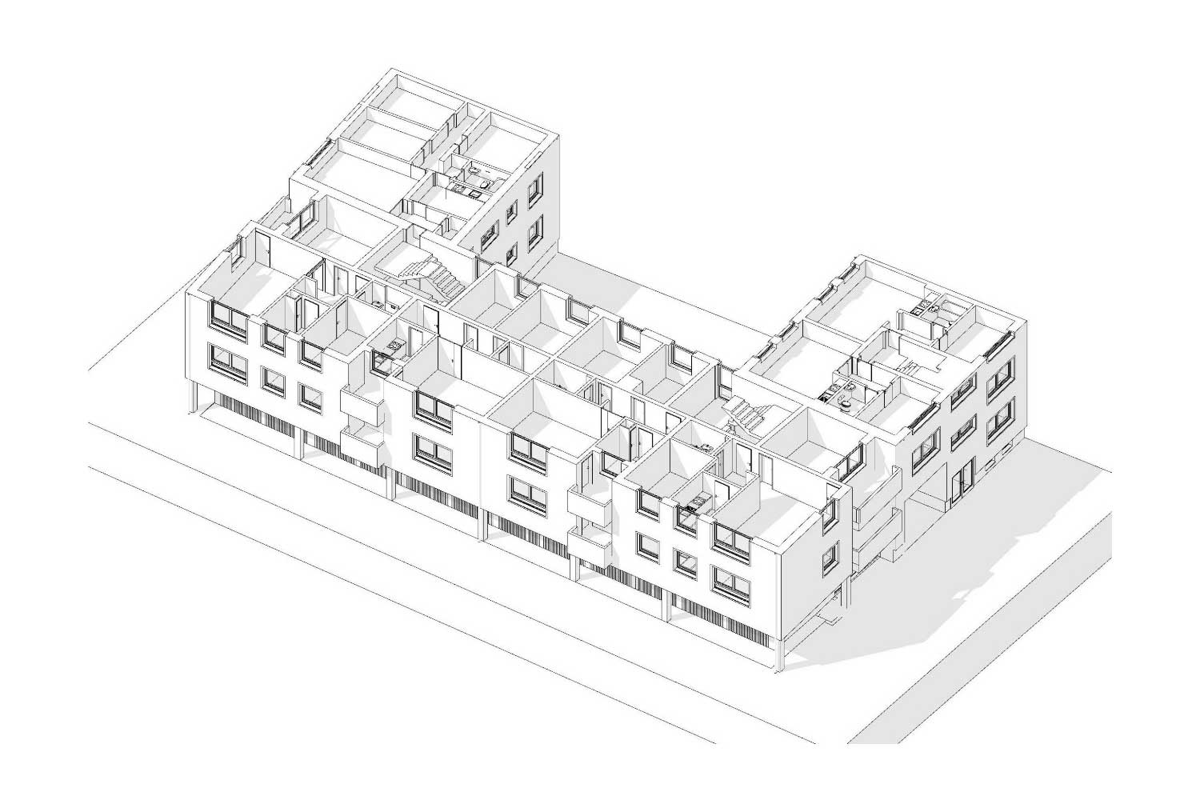 Ein BIM Modell von einem Wohngebäude als Weiss-Modell und bei der Hälfte abgeschnitten