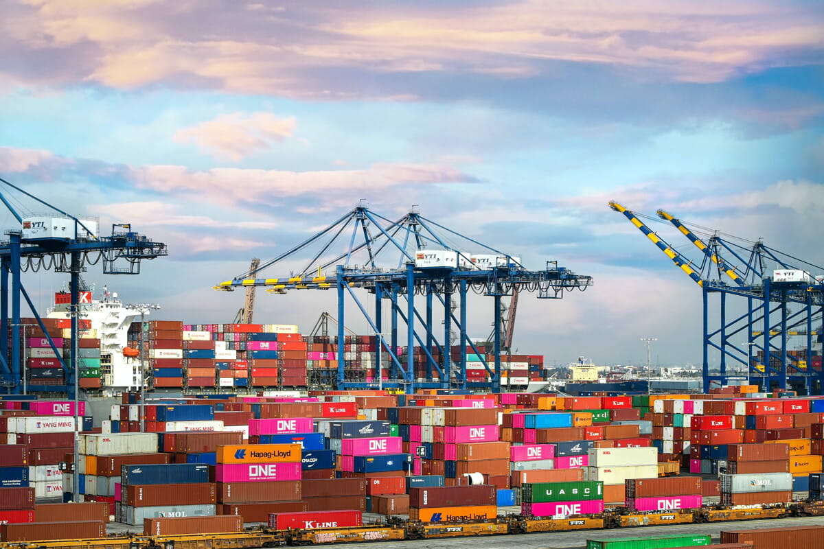 red and blue cargo containers