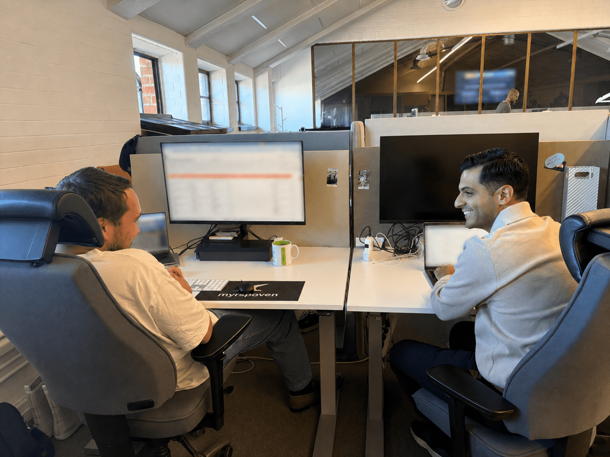 Michael Purasell, Senior Business Developer at Myrspoven, collaborating with a colleague at the Stockholm office.
