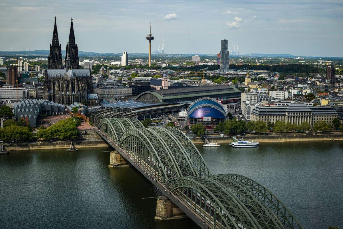 An aerial view of a city and a bridge