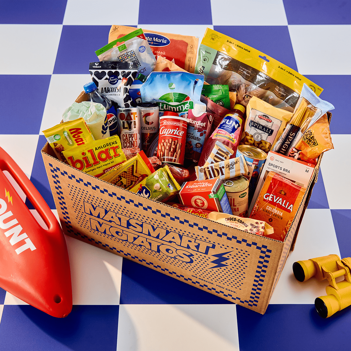 A Matsmart Motatos box seen from above, filled with products