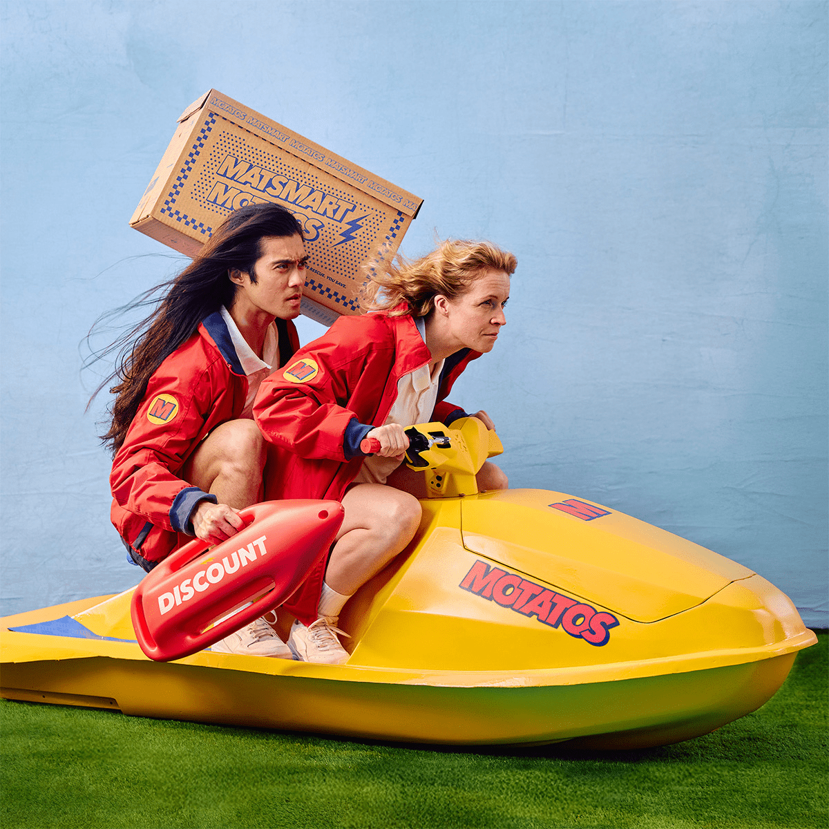 Two food rescuers on jetski delivering Matsmart Motatos products