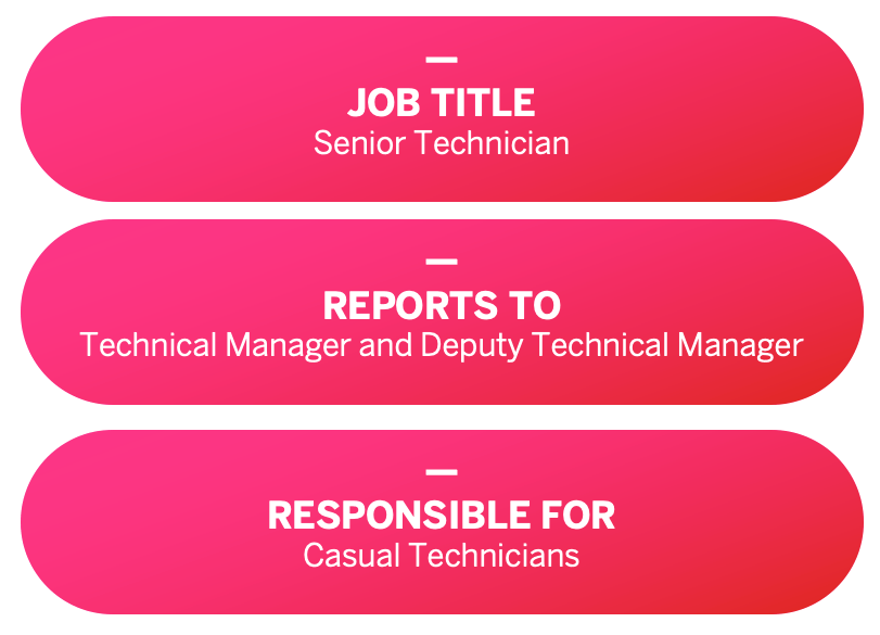 Job title: Senior Technician. Reports to: Technical Manager and Deputy Technical Manager. Responsible for: Casual Technicians.