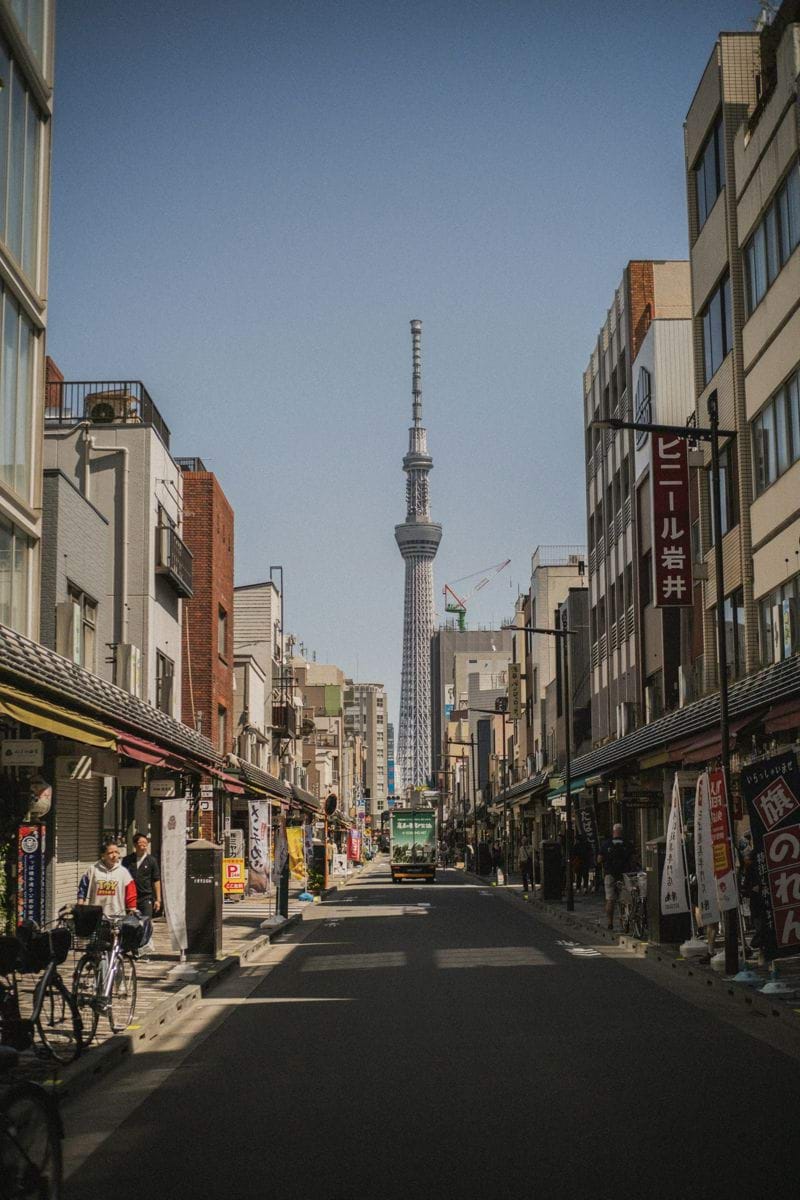 A street leads to the tokyo skytree.