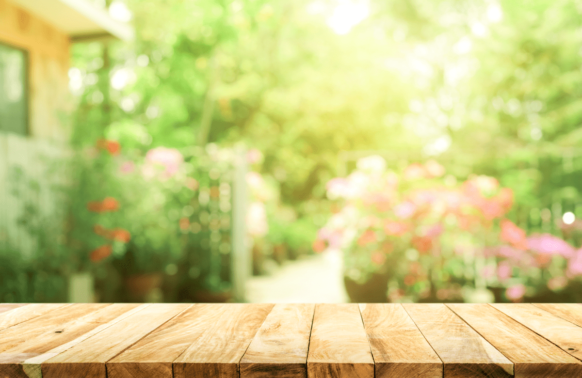 A blurred image of a garden and some wooden decking