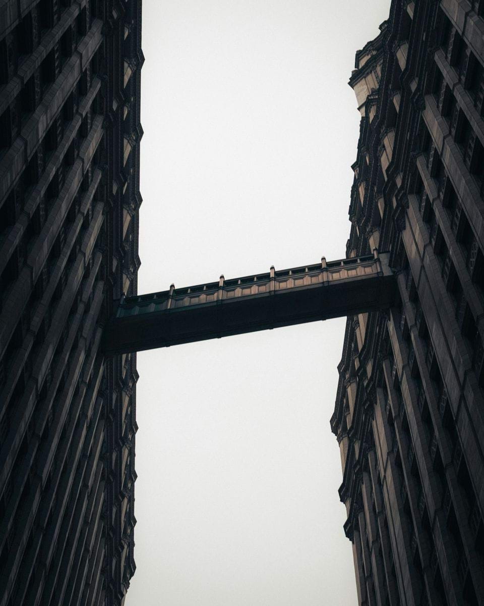 Two imposing buildings connected by a skybridge