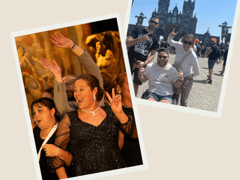 Collaboratrices du Réseau AUXI'life lors d'une soirée de rassemblement, et équipe réunie devant une cathédrale pendant un voyage