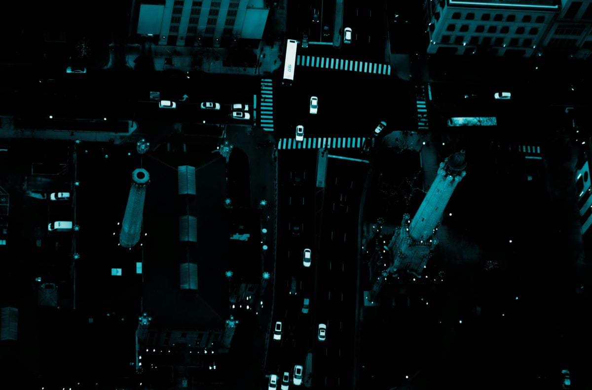 Aerial view of a city street at night