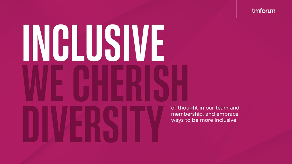 Fuchsia background, with the words written in white and dark purple. Inclusive. We cherish diversity of thought in our team and membership, and embrace ways to be more inclusive.