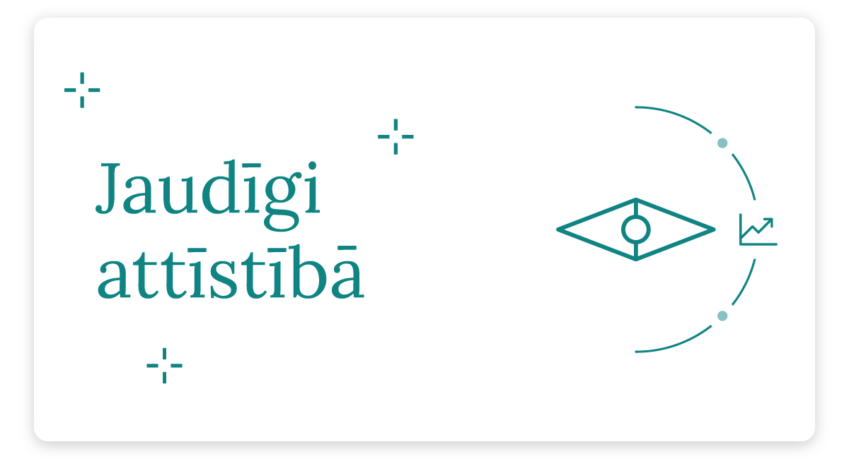 Teksta josla "Jaudīgi attīstībā" ar acs un augšupejoša grafika ikonu uz balta fona