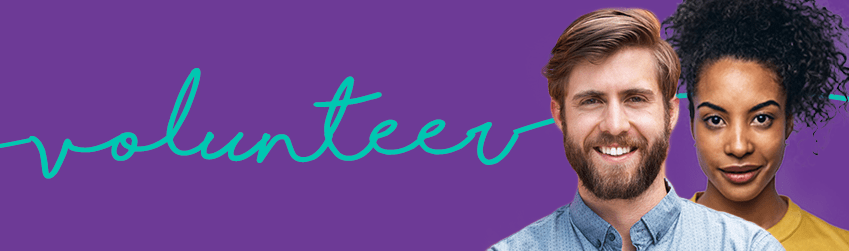 The word volunteer in cursive text in turquoise on a purple background, with head shots of two people smiling