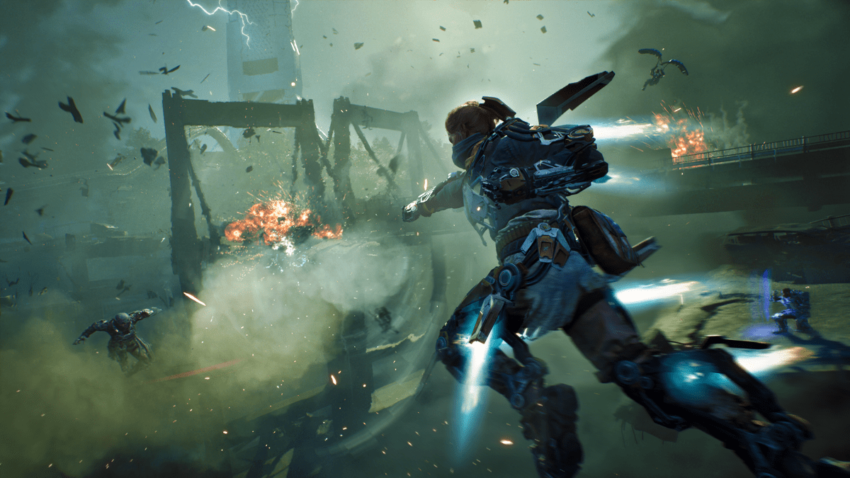 Screenshot from the Game Exoborne with a player doing a grappling hook manouver