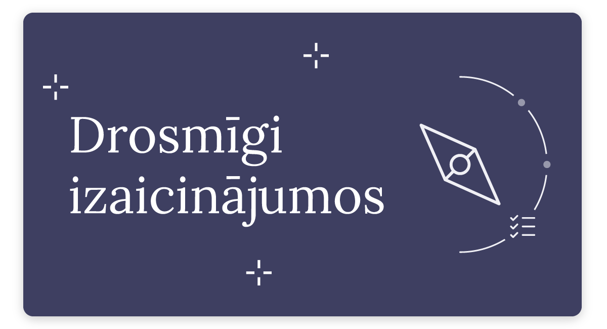 Teksta josla "Drosmīgi izaicinājumos" ar kompasa ikonu uz tumši zila fona