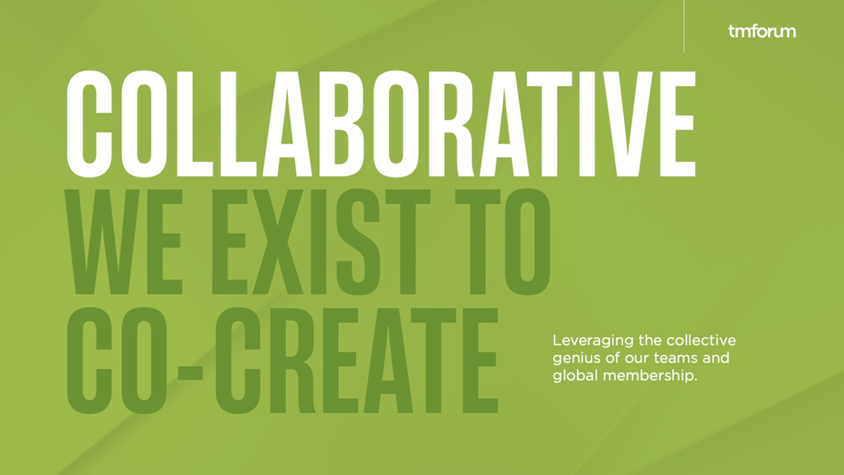 Lime green background, with words written in white and a darker green. Collaborative. We exist to co-create. Leveraging the collective genius of our teams and global membership.