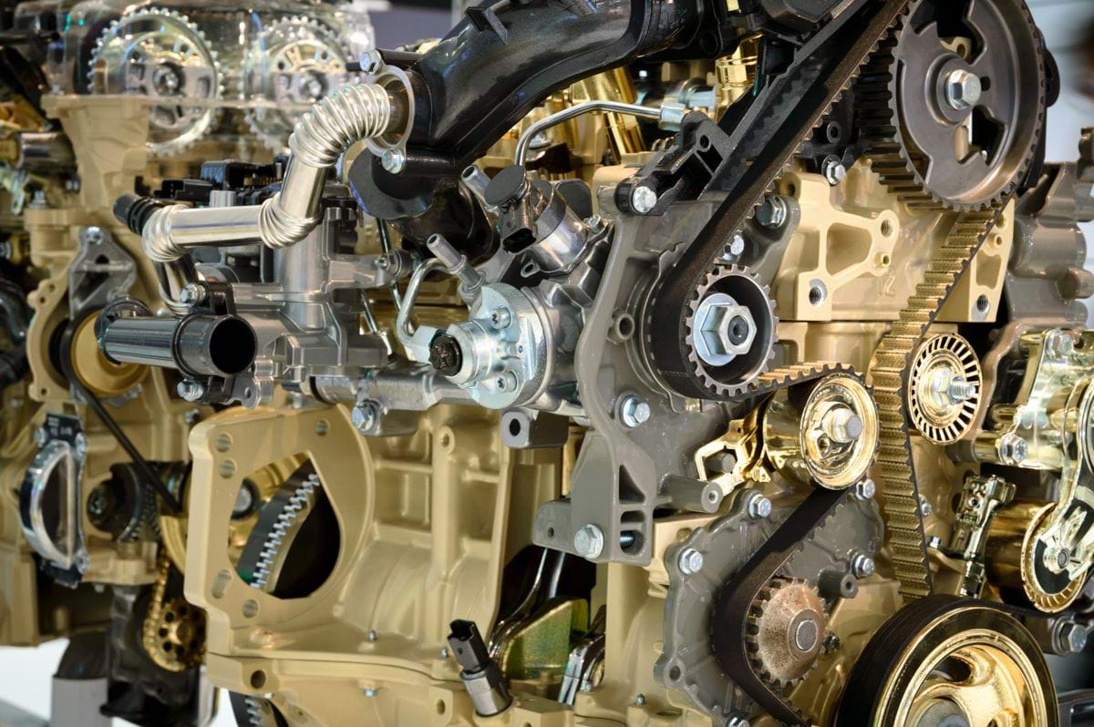 Close-up view of a complex engine mechanism