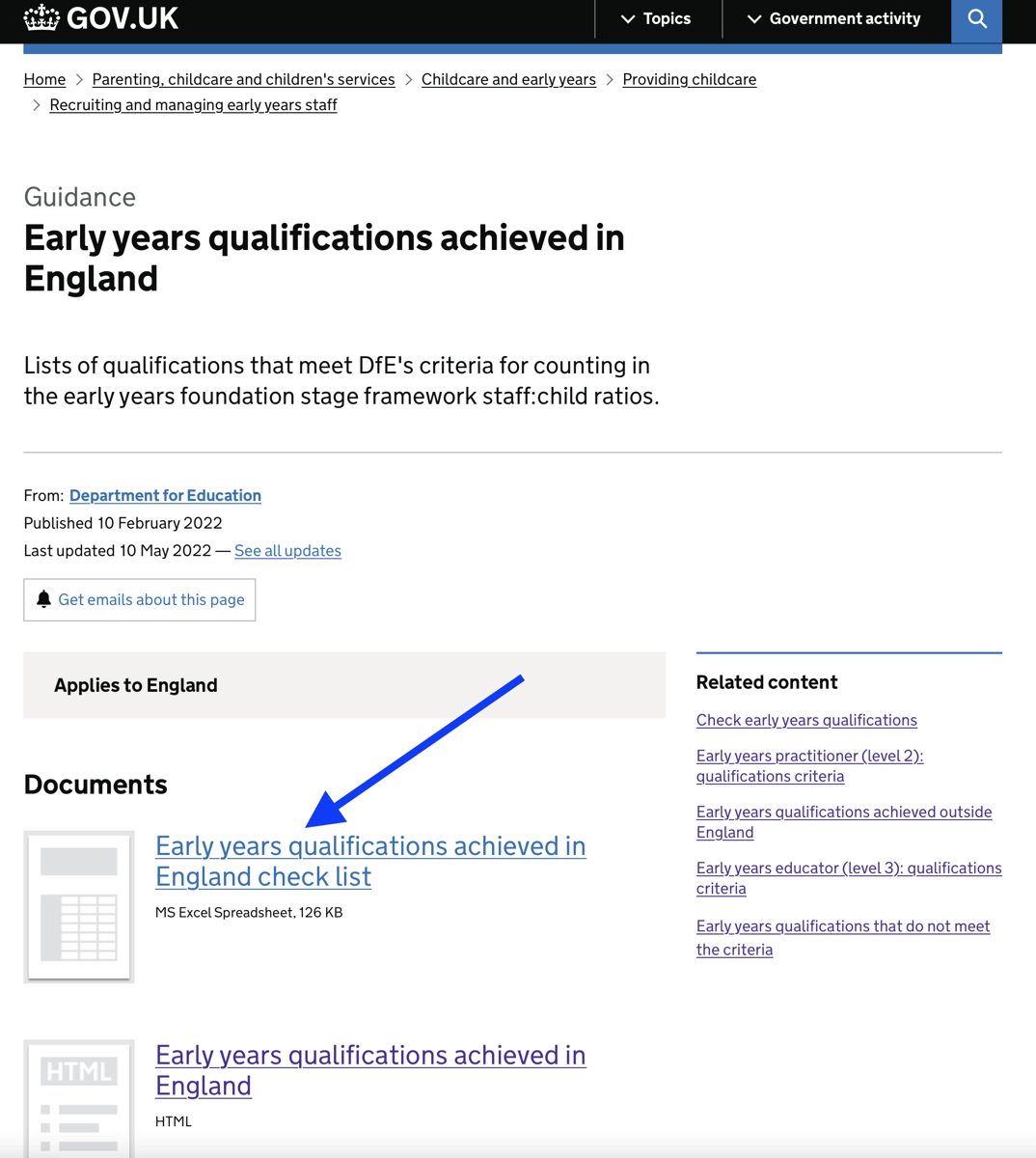 Early Years qualifications list screenshot