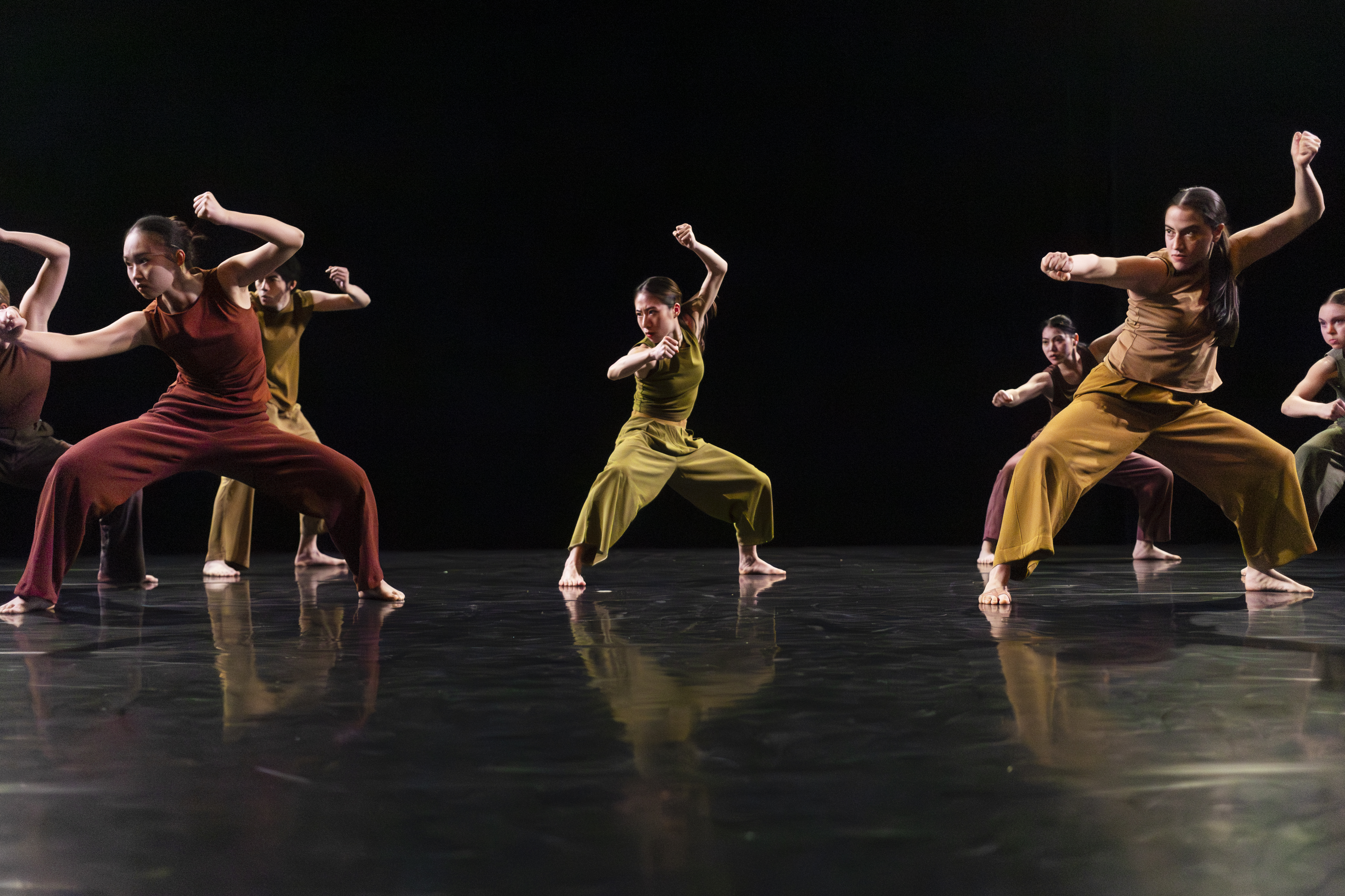 A group of contemporary dancers perform on a dark stage, spaced across the floor in a wide formation. Each dancer stands in a low, grounded stance with bent knees and strong, angular arm positions resembling punches or blocks. They are barefoot and wear coordinated earth-toned outfits, with the stage lighting highlighting their movements against a black background.
