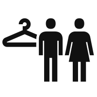 Must graafiline sümbol, mis kujutab riidepuud ja kaht inimest valgel taustal.