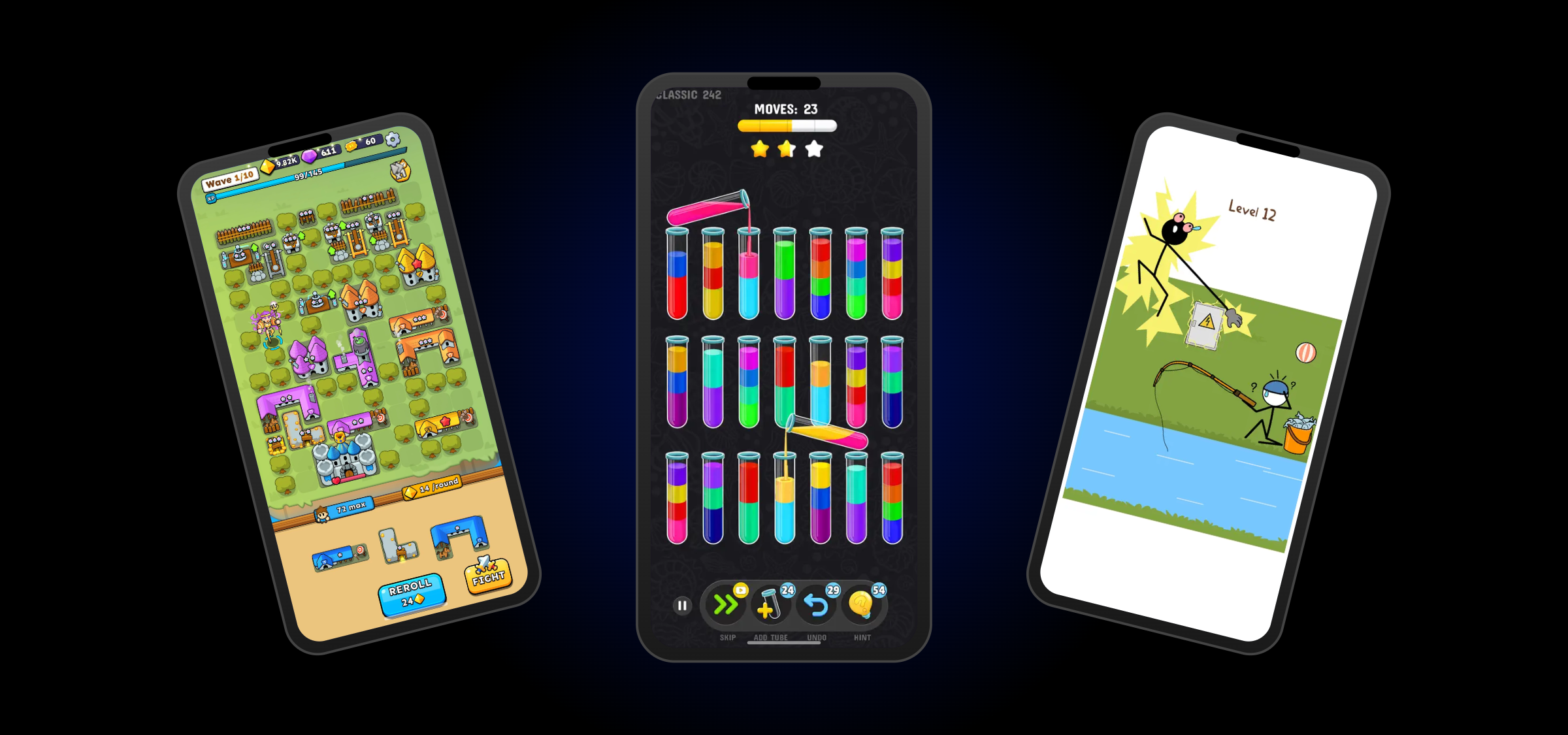TapNation mobile gaming portfolio — 50+ hit games shown across multiple smartphones