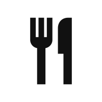 Must graafiline kahvli ja noa kujutis valgel taustal.