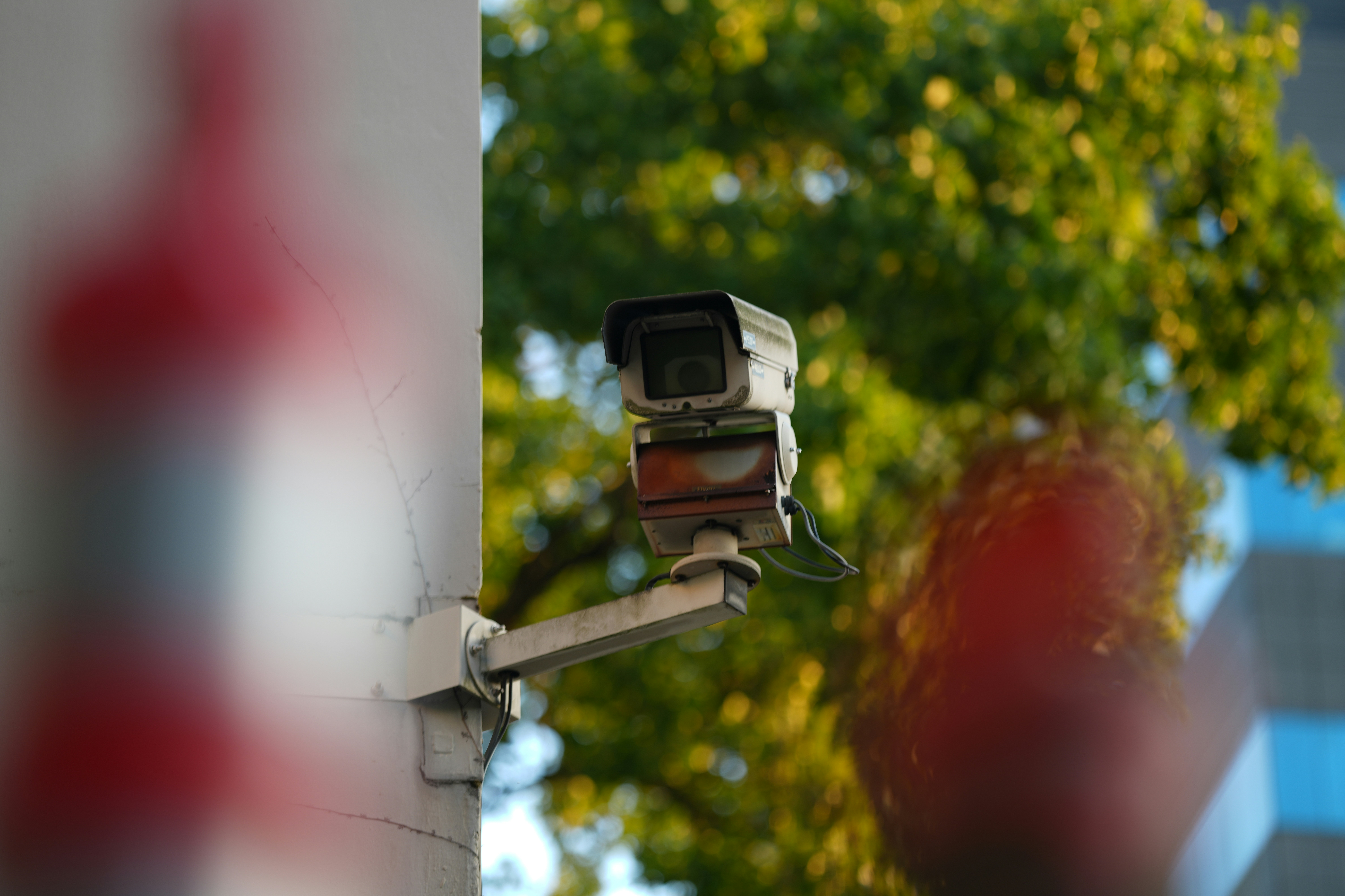 Security camera mounted on a wall with trees behind.