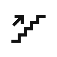 Must noolekujuline graafiline sümbol, mis näitab trepist üles, valgel taustal.