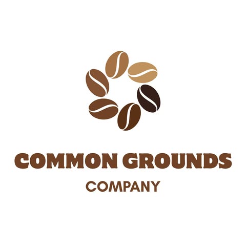 Logoen til selskapet - en sirkel laget av 6 kaffebønner i ulike graderinger med navnet "Common Grounds Company" under
