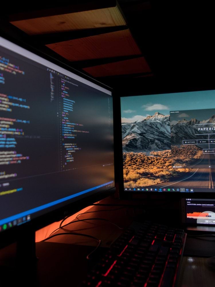 two black flat screen computer monitors