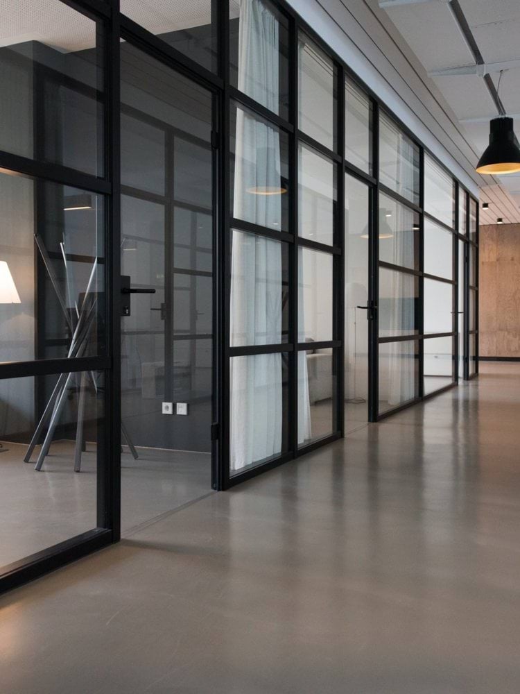 hallway between glass-panel doors