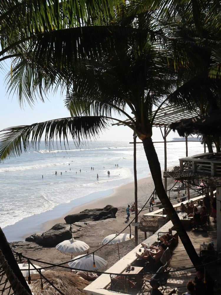 a beach with palm trees and a body of water
