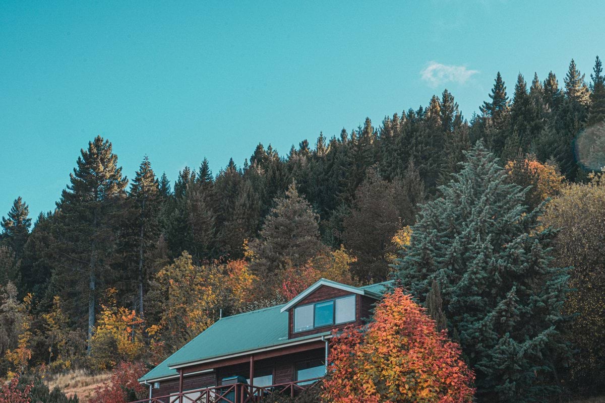 a house on the side of a hill surrounded by trees