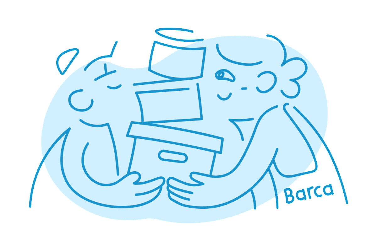 Blue illustration of a Barca worker helping someone with a stack of cardboard boxes