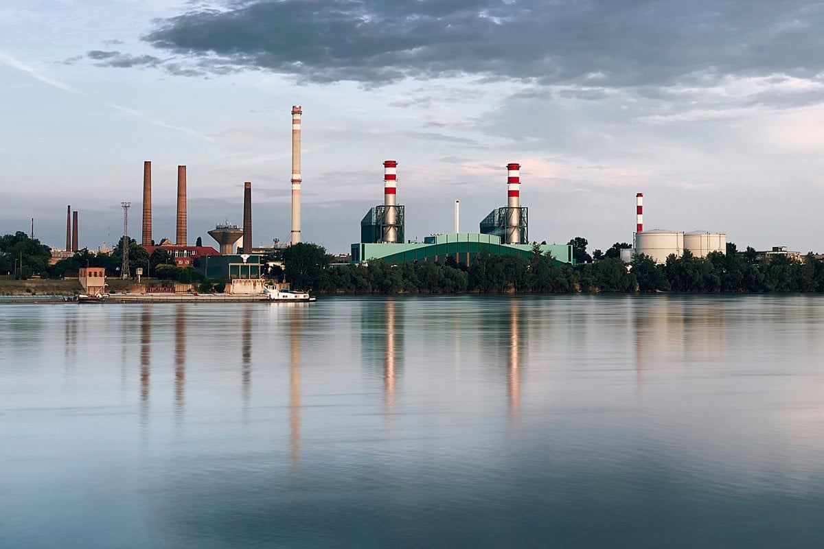 industrial buildings across river