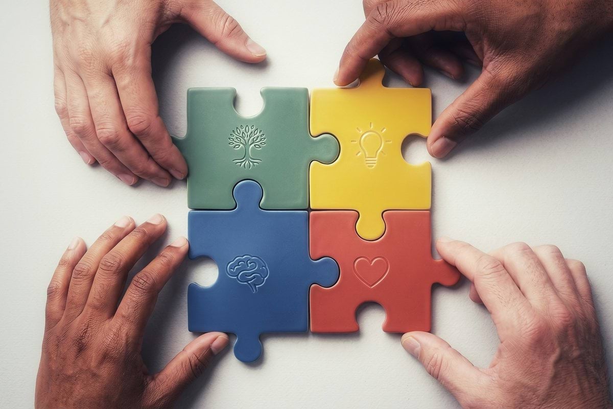 Four hands connect colorful puzzle pieces with symbols.