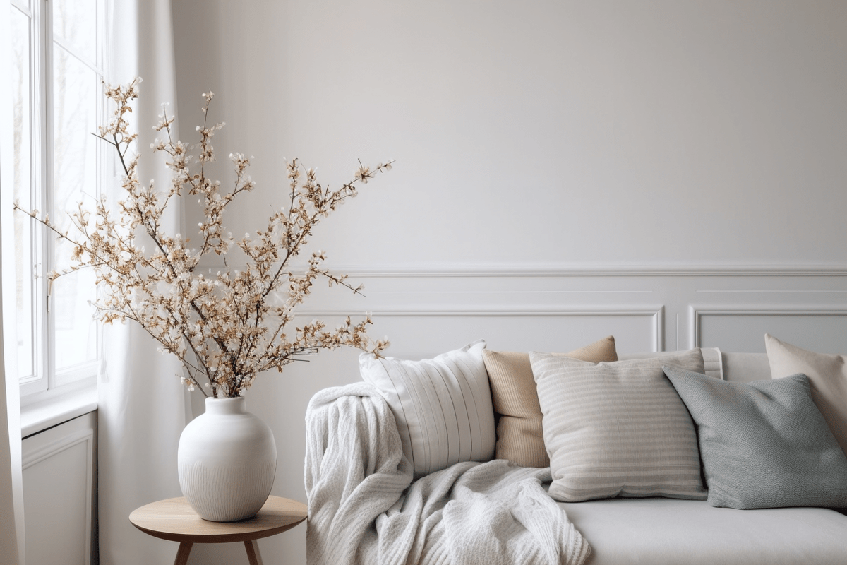 Stylish Scandinavian Living Room with Vase and Blooming Cherry Plum Tree Branches. Springtime Home Decor. Elegant Interior with Comfy Sofa, Cushions and Blanket. White Wall Background