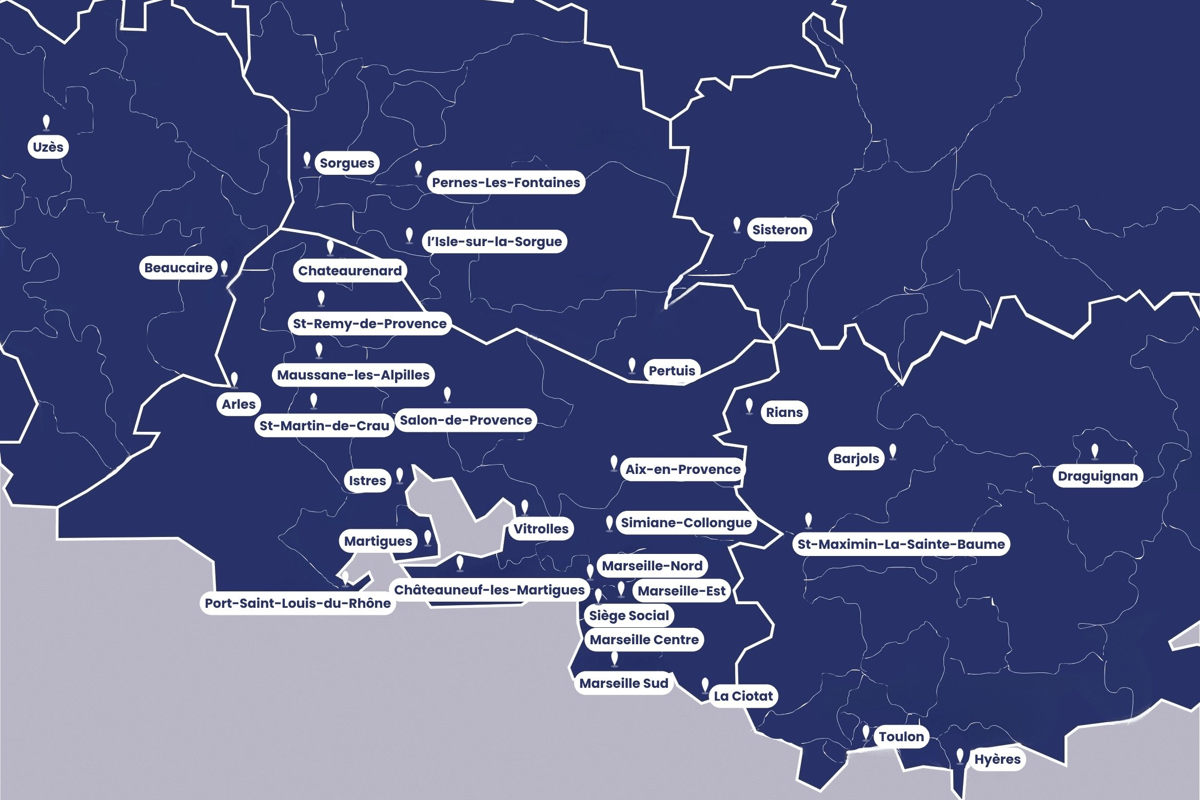 Cartographie des 32 agences AIDADOMI réparties dans toute la région SUD et Occitanie