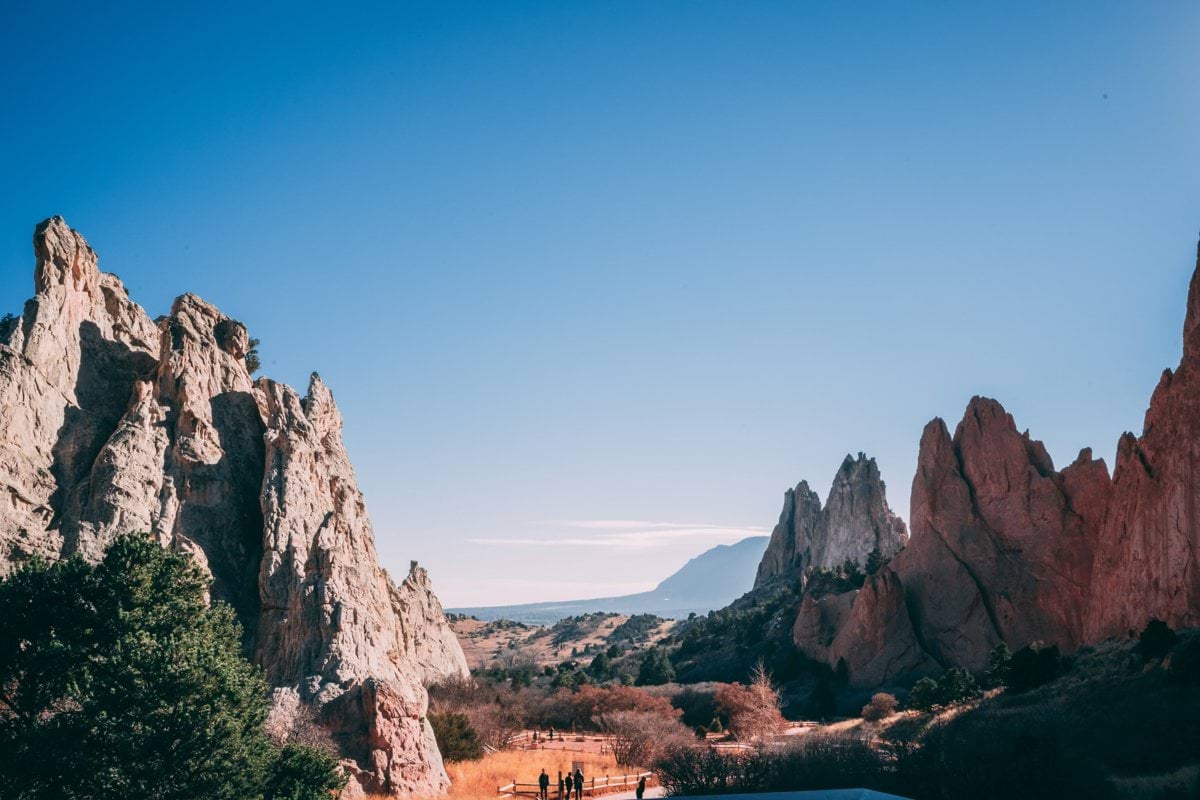a group of people standing on top of a lush green hillside