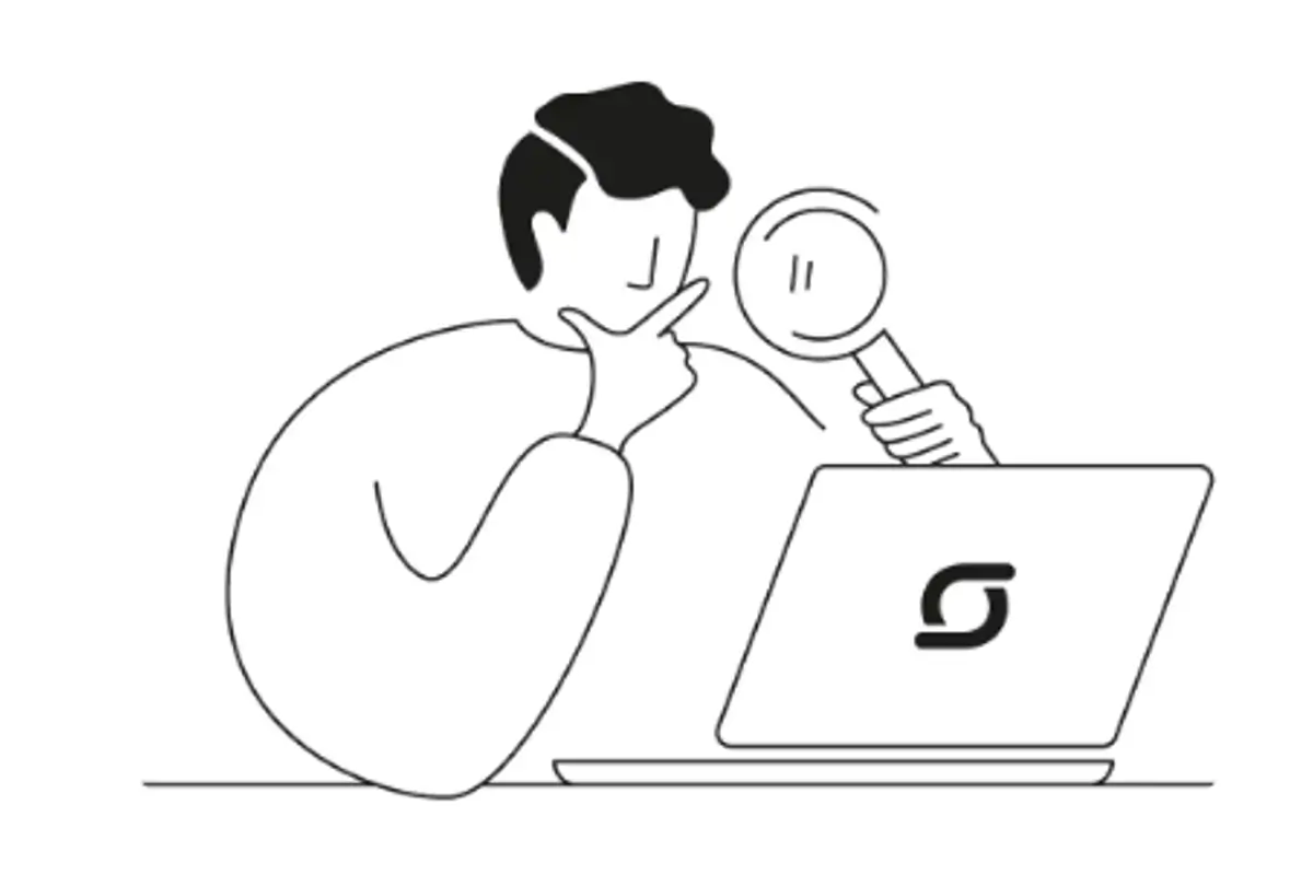 Illustration of a person holding a magnifying glass and looking at a laptop screen thoughtfully