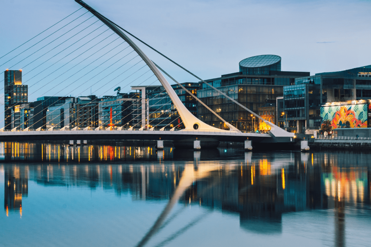Samuel Beckett Bridge in Dublin with City Skyline