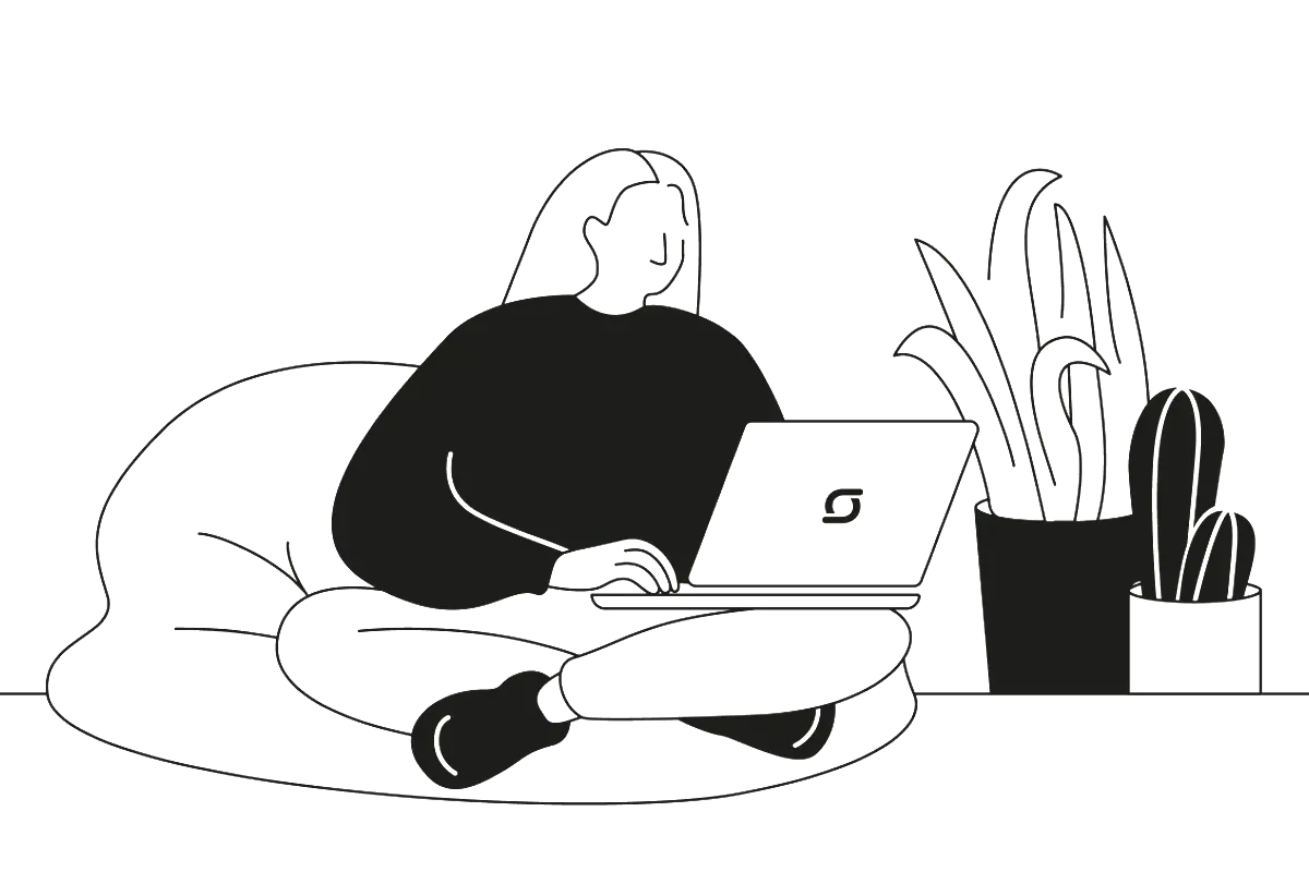 Illustration of a person sitting cross-legged on a bean bag while working on a laptop next to indoor plants