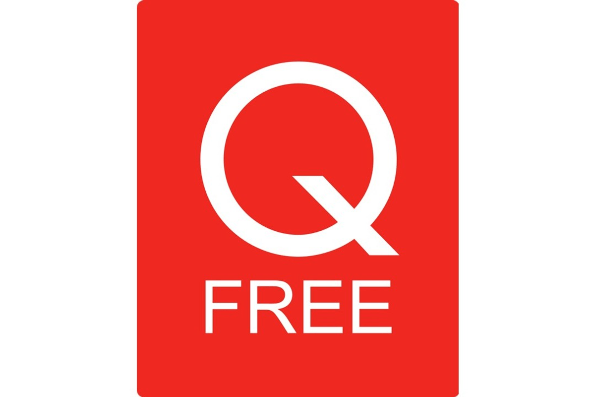 Q-Free logo - white text on bright red background
