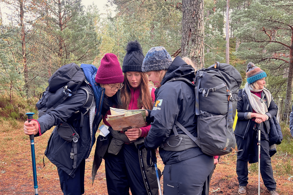 Four people wearing outdoor clothing, backpacks and woolly hats study a map together in a pine forest. Trees and woodland ground cover surround the group.