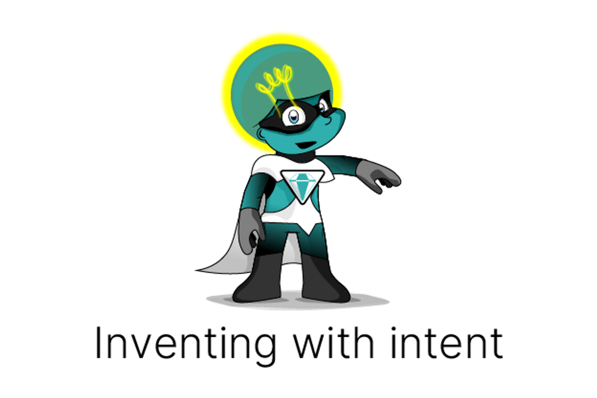 A cartoon superhero character with a lightbulb for a head featuring the words "inventing with intent," symbolizing the Lucid Group's core value of creating purposeful solutions that address real-world challenges in healthcare marketing